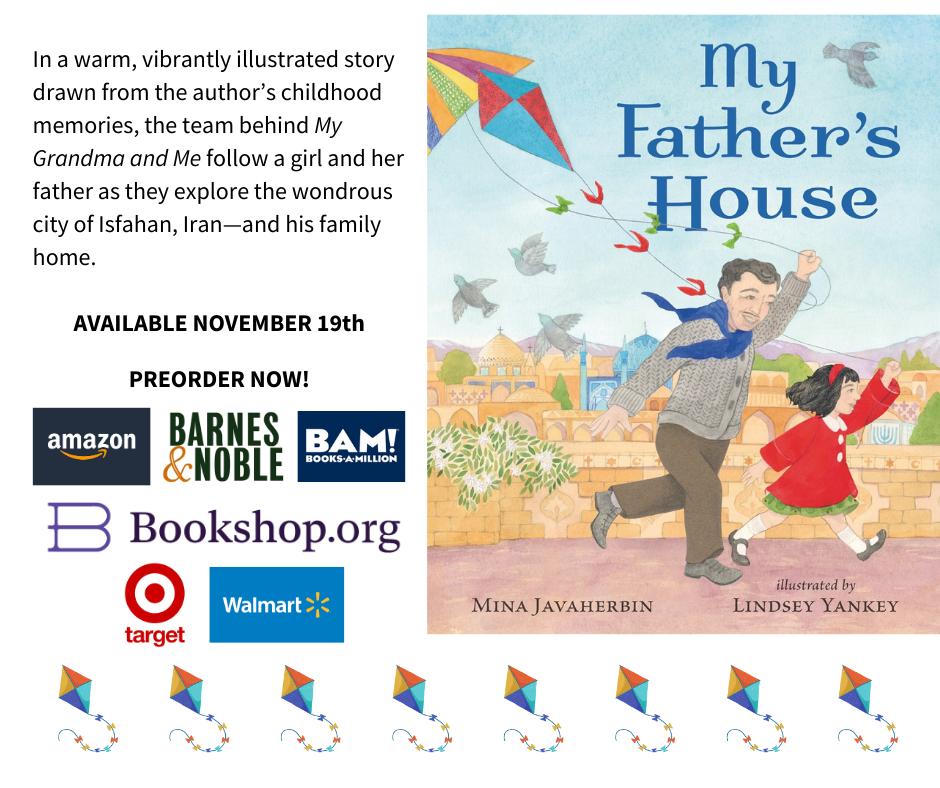 Cover for Mina Javaherbin's new book "My Father's House." The cover features Mina and her dad flying a kite in Iran